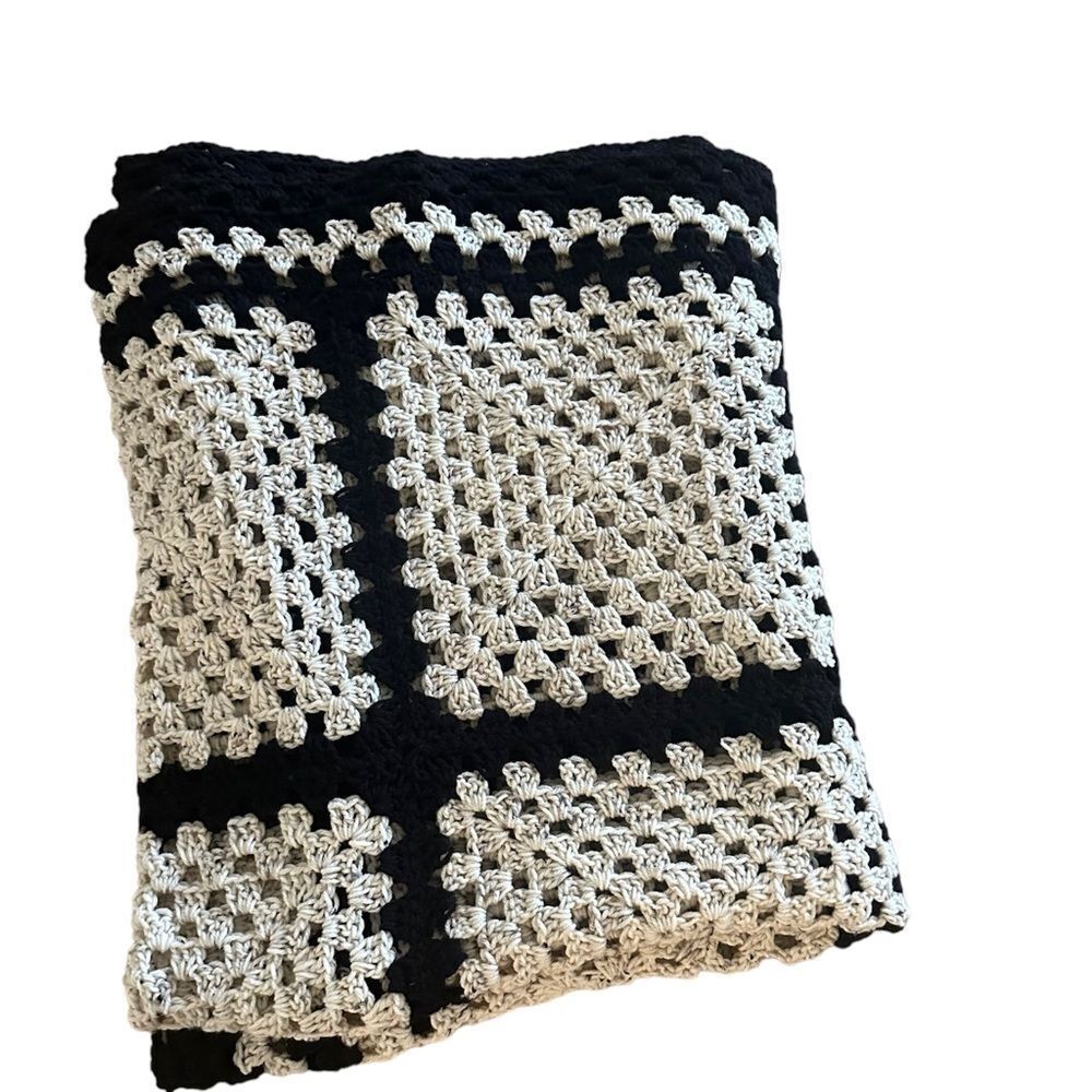 Handmade Crochet Throw Blanket Granny Blanket Sweater Style Beige Black